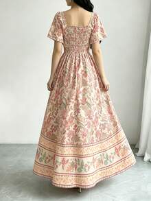 Vestido bohemio vintage con estampado floral para mujer, escote cuadrado, mangas abullonadas, dobladillo con volantes - Multicolor 3 - Ver 5