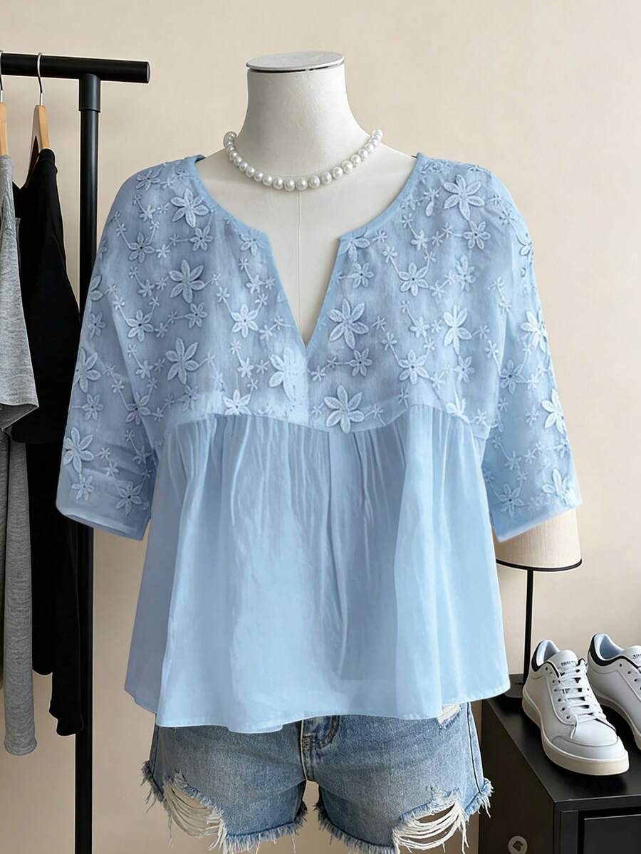 INAWLY Plus Size Floral Textured Casual Solid Color Shirt Fall - Blue - View 1