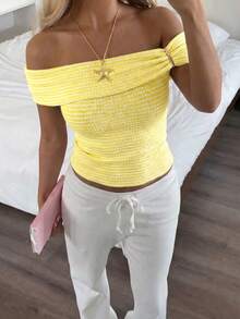 Aloruh Women's Solid Color Off-Shoulder Knit T-Shirt Top,Summer Top - Light Yellow - View 2