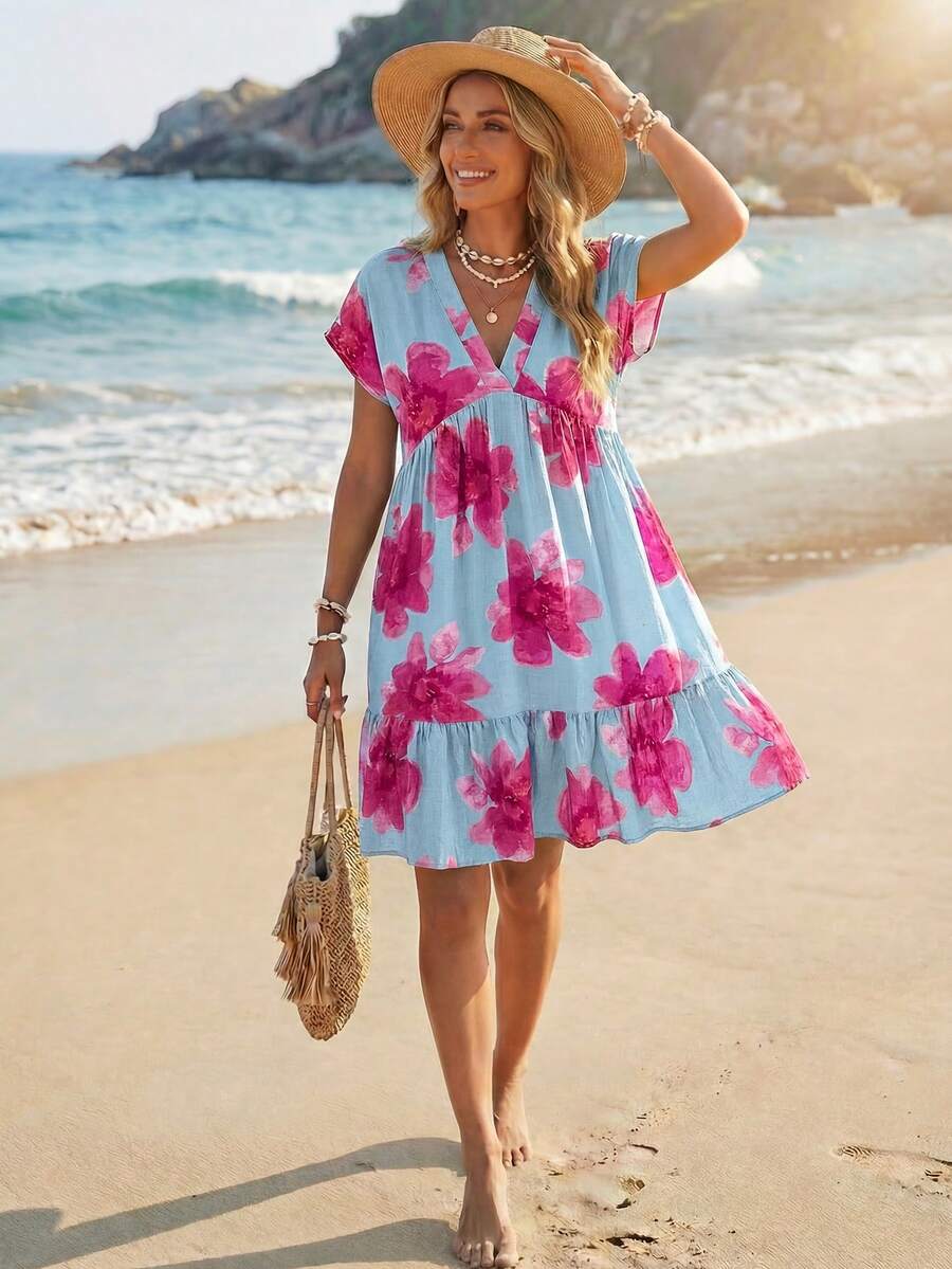 Sylviya Đầm babydoll nữ họa tiết hoa giản dị, thích hợp cho kỳ nghỉ. - Màu xanh nhạt - Xem 1