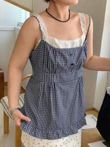 Dazy Plus Áo camisole không tay cỡ lớn dành cho nữ, họa tiết kẻ caro tương phản phối ren, thời trang, thích hợp cho mùa xuân/hè. - Xanh và trắng - Xem 7