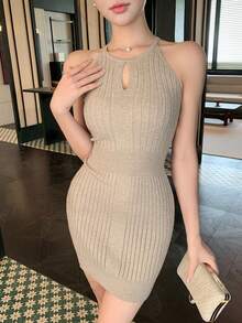 DAZY Women's Simple Solid Color Halter Ribbed Knit Dress, Summer - Khaki - View 2