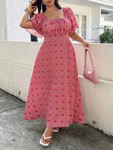 SHEIN EZwear 大尺碼夏季休閒格紋抓皺腰身洋裝 - 彩色 - 查看 5