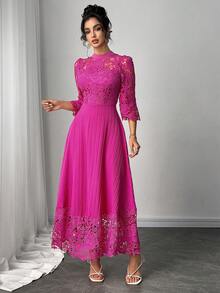 Modelyn Gaun Maxi Lengan Panjang Patchwork Bordir Eyelet Kuning untuk Wanita - Hot Pink - View 8