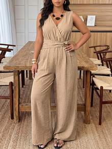 Weeklong Plus Size Women's V-Neck Wrap Waist Straight Leg Jumpsuit With Metal Buckle Decor, Sleeveless, Long Length, Casual For Daily Wear And Vacation - Khaki - View 3