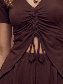 Fembélia Women's Solid Color V-Neck Pleated Short Sleeve Top And Mini Skirt Casual Outfit - Rust Brown - View 3