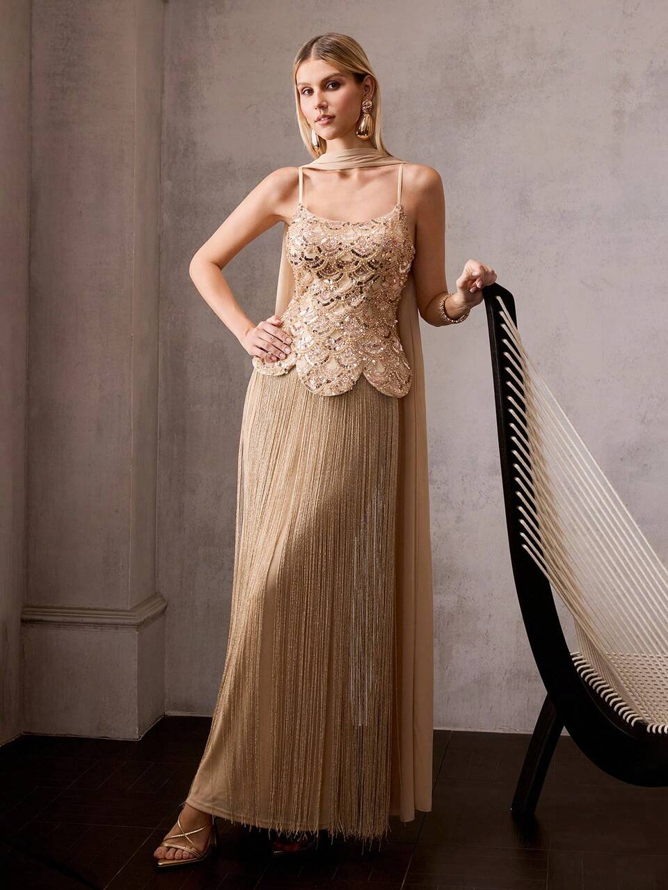 MOTF STUDIO ELEGANT WOMEN'S STRAPPY MAXI PARTY GOWN WITH DETACHABLE SCARF ,BEADED/SEQUIN-EMBELLISHED UPPER BODY WITH WAVE-SHAPED HEM