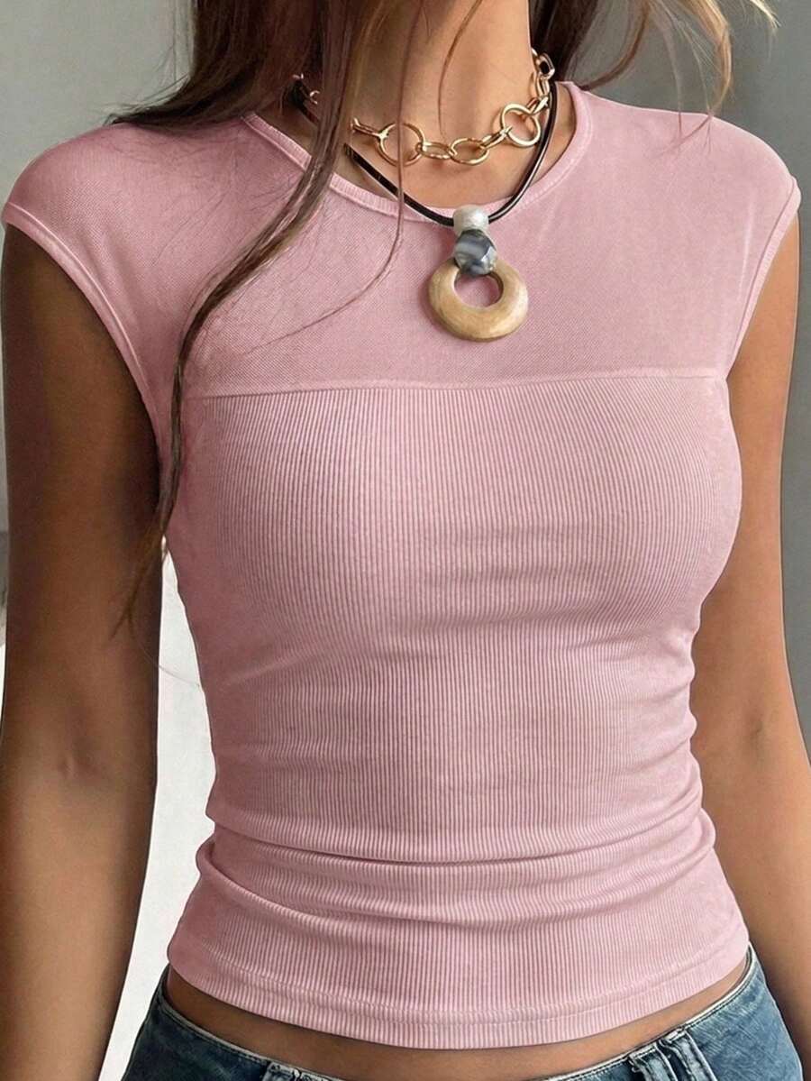 SHEIN EZwear 莲藕粉色针织拼接网眼紧身上衣 - 藕粉色 - 查看 1