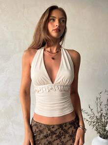 Aloruh Women's Deep V-Neck Fitted Pendant Decorated Camisole, Autumn/Winter,Summer Top - Apricot - View 5