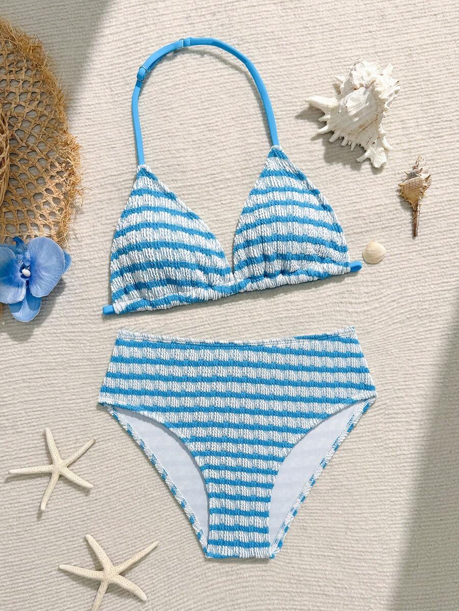 SHEIN Set Bikini Beige Polos Terbaru untuk Remaja Perempuan, Pakaian Renang Minimalis untuk Liburan Pantai - Biru - View 1