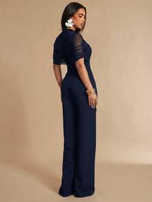Silquee Bộ jumpsuit nữ thời trang, đa năng, thiết kế khăn choàng lưới. - Màu xanh hải quân - Xem 2