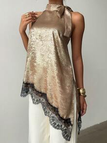 SHEIN Raffinéa Women's Bow Tie Neck Lace Patchwork Asymmetrical Hem Blouse Shirt - Gold - View 3