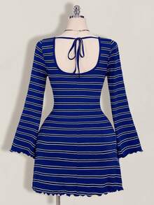 SHEIN ICON Plus Size Colorful Striped Backless Flare Sleeve Knit Dress - Royal Blue - View 2