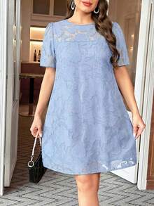 Reflora Plus Size Solid Color Minimalist Daily Wear Round Neck Short Sleeve Dress - Baby Blue - View 4