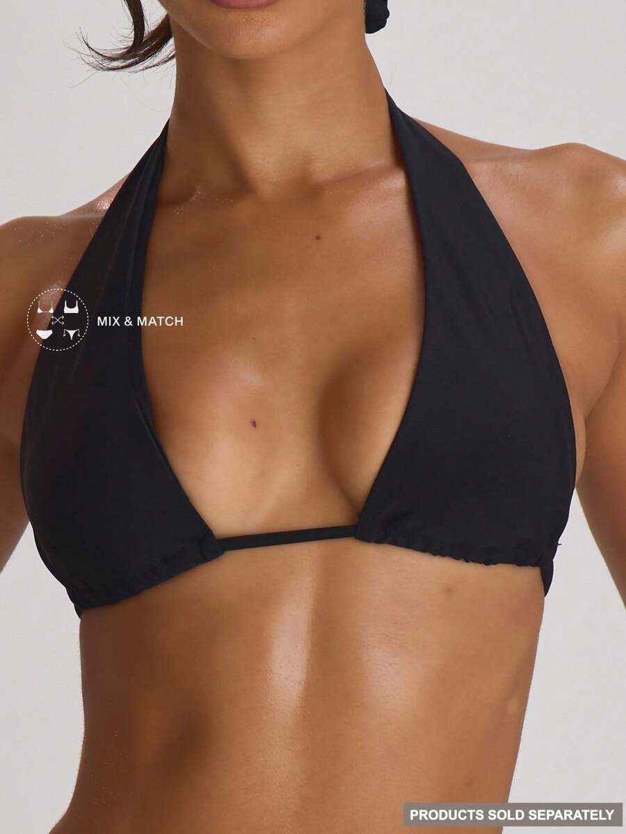Musera Resort Top de bikini con cuello halter y espalda con lazos, básicos de ropa de baño de color sólido para vacaciones, vacaciones, verano y viajes a la playa - Negro - Ver 1
