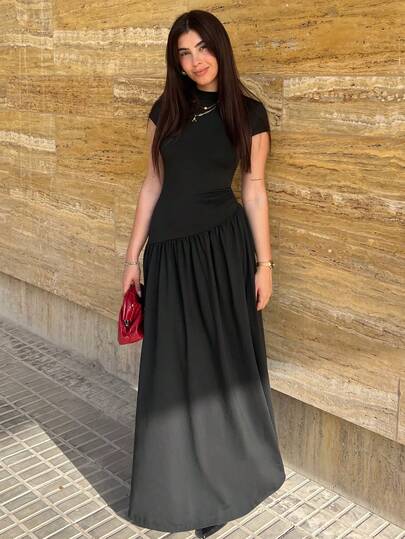 Hitanina 优雅简约日常穿着不对称 A 字型立领收腰中长连衣裙，女士休闲褶皱无袖立领修身长款黑色蝙蝠袖拼色，纯色 A 字型女式长裙，春夏，休闲日常穿着