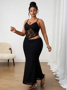 SHEIN PETITE CURVE 大码女式蕾丝拼接美人鱼性感约会派对吊带连衣裙 - 黑色 - 查看 5