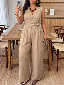Weeklong Plus Size Women's V-Neck Wrap Waist Straight Leg Jumpsuit With Metal Buckle Decor, Sleeveless, Long Length, Casual For Daily Wear And Vacation - Khaki - View 4