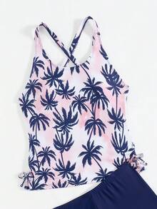 SHEIN 少女泳装，热带椰子树印花比基尼上衣和泳裤套装 - 藏蓝色 - 查看 4