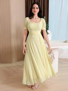 Feyla Women Elegant Square Neck Puff Sleeve Pale Yellow Midi Dress Summer Chiffon Flowy Party Vacation GownChiffon For GownWomen With And Sleeves - Light Yellow - View 6