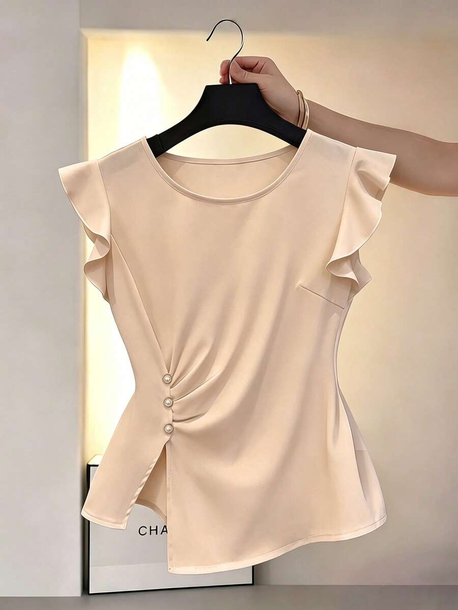 SHEIN LUNE Women's Elegant Apricot Summer Blouse,Asymmetric Hem Ruffle Sleeve Office Top,Casual Vacation Wear,Daily Commute,Valentine's Day,Beach Party,Holiday - Khaki - View 1