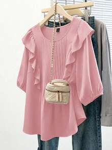 GlowEve CURVE Plus Size Women Fashion Versatile Ruffle Hem Blouse, Suitable For Daily Commute - Dusty Pink - View 6