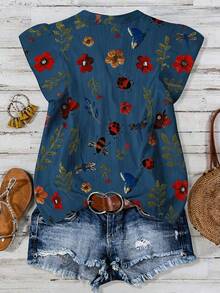 Linhara Plus Size Women Versatile High-End Bee Print Pleated Blouse - Blue - View 2