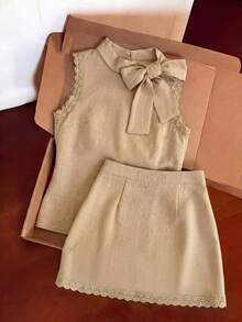 SHEIN Franclia Bộ đồ thường ngày dành cho nữ, gồm áo và chân váy ngắn phối ren, có nơ trang trí. - Màu Khaki - Xem 3