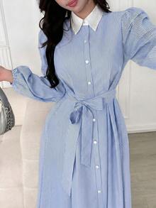 SHEIN 少女休闲简约舒适撞色条纹花瓣袖连衣裙 - 藍色 - 查看 6