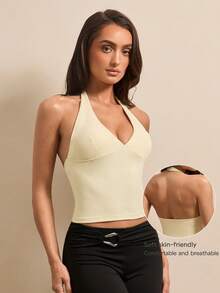 Silquee Débardeur de sport femme à col ras-du-cou et dos nu, couleur unie simple, pour l'été - Jaune clair - Voir 4