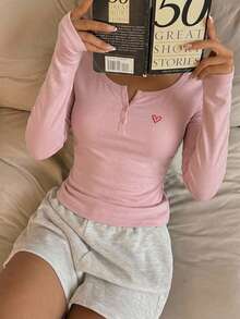 SHEIN CovetEZ Women's Casual Minimalist Red 3D Embossed Pattern Cotton Blend Half-Zip T-Shirt, Versatile For Spring/Summer, Suitable As Undershirt - Pink - View 6