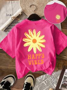 女童粉色碎花短袖T恤，圆领休闲字母时尚上衣，“HAPPY VIBES”雏菊图案印花T恤，度假款 - 玫紅色 - 查看 6
