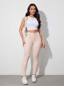 SHEIN ICON 女士休闲通勤简约纯色修身牛仔裤 - 淺粉色 - 查看 4