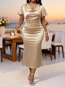 Fleurora Plus Size Women Champagne Gold Ruffle Hem A-Line Satin Dress,Elegant Wedding Summer Holiday Ladies Dresses,Luxurious Dinner Party Occasion Outfits - Champagne - View 4