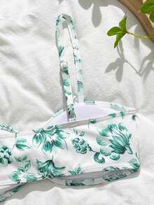SHEIN Teen Girl Floral Print Adjustable Strap Swimwear Set With Cover-Up And Skirt, Suitable For Beach, Seaside, Vacation, Swimming - Green - View 5