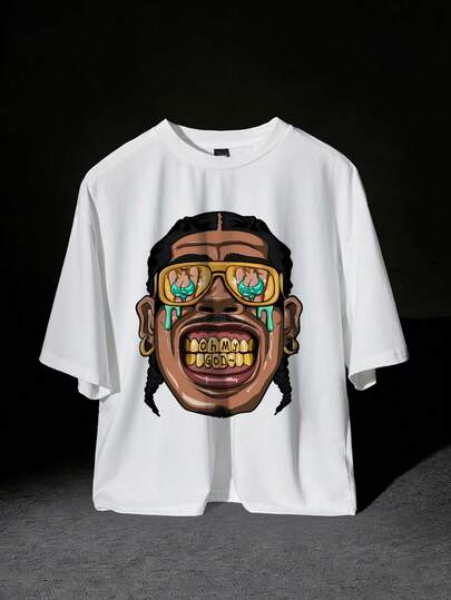 Manfinity ZONE917 Box-Shaped Cropped Funny Cartoon Portrait Sexy Gold Fashion Glasses White Short T-Shirt