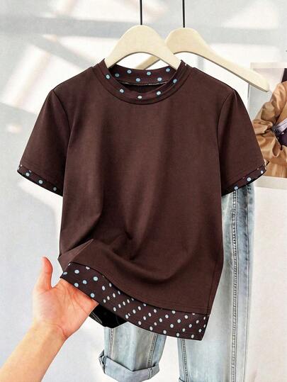 Franclia Camiseta de manga corta casual de talla grande para mujer, de unicolor, con parches y lunares, de cuello redondo, ajustada y de dos piezas falsas para uso diario