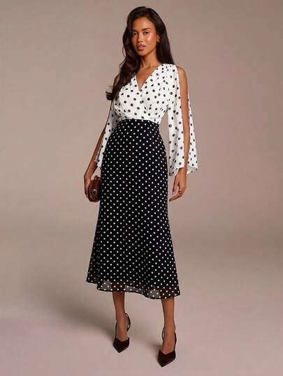 COSMINA Women's Contrast Color Polka Dot Print V-Neck Mid-Length Dress