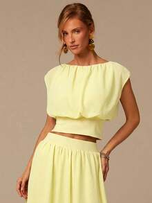 COSMINA Chiffon Patchwork Knit Sleeveless Top And Skirt 2-Piece Set, Women's Summer Outfit, Flowy Feel, Fashionable Set, Summer Vacation Set, Beach Holiday 2-Piece, Army Green Set, Ruched Design, Casual Suit - Light Yellow - View 5