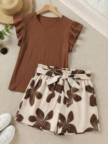 SHEIN LUNE Bộ đồ 2 mảnh cỡ lớn: Áo cổ tròn màu trơn và quần short thắt lưng in hoa. - Màu Khaki - Xem 1