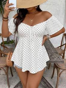 SHEIN VCAY Áo thun nữ cỡ lớn kiểu vintage, phong cách thường ngày, thích hợp cho kỳ nghỉ xuân/hè, đi biển, họa tiết chấm bi đen trắng, trễ vai, có dây rút, nhiều màu sắc, thích hợp cho Ngày của Mẹ, đi nghỉ mát, mùa hè. - Đen và trắng - Xem 4