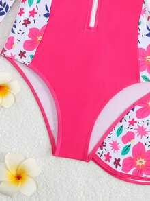 SHEIN Tween Girl Pink Flower Printed Patchwork Swimwear Set,Long Sleeve Swimming Suit,Cute Summer Beach Holiday Bathing Suit For Girls - Hot Pink - View 3