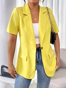 Vionelle French Style Solid Color Short Sleeve Blazer - Yellow - View 5
