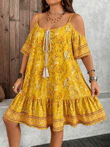 Breezaya Plus Size Floral Print Off-Shoulder Casual Dress - Yellow - View 5