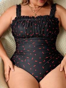 SHEIN CURVE+ 2026 New Spring/Summer Plus Size Black Base Cherry Random Print One-Piece Swimsuit, Suitable For Beach, Resort - Multicolor - View 3