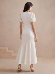 Robe longue élégante pour femmes Anewsta printemps/été, col rond, manches en pétales, mélange de tissus tissés, appliques en dentelle, ourlet en queue de poisson - Nude - Voir 2