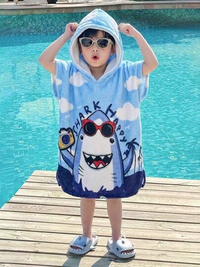 SHEIN Kids/Young Boy Cute Casual Flannel Cartoon Pattern Loose Hooded Swimsuit Cover-Up, Suitable For Beach, Spa, Swimming
