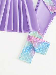 Conjunto de dos piezas de traje de baño para niña con protección solar de manga larga, estampado degradiado de escamas de pez y tirantes - Púrpura malva - Ver 5