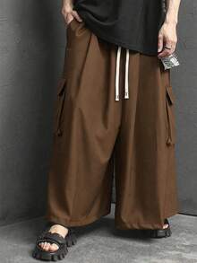 Manfinity Hypemode Pantalones cargo de pierna ancha con cintura con cordón y bolsillo con solapa, de estilo casual y versátil para hombres - Café integral - Ver 3