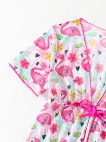 Set di 3 pezzi di bikini con stampa fenicottero e coprispalle a maniche corte per giovani ragazze - Fucsia - Visualizzare 4